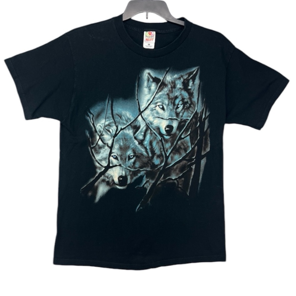 Vintage 90s Fruit of the Loom Wolf Print Holographic Eyes Y2K Cotton Shirt Men L